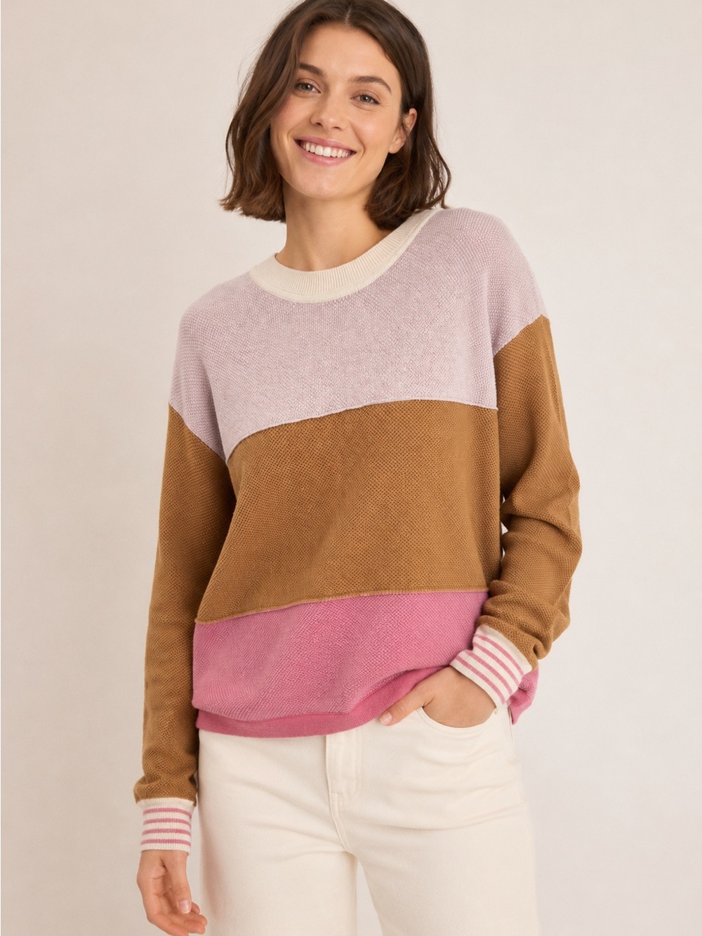 Wrap London Organic Cotton Colorblock Knit Sweater Pink Tan Cream Sz 6